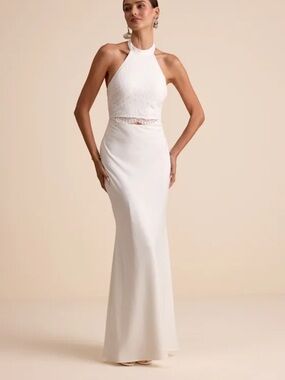 Lulu's Ivory Halter Lace-Top Wedding Gown